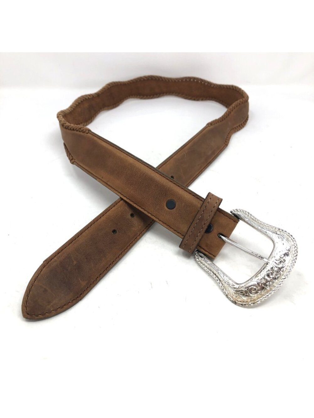 Leather Belt Womens 38" Brown Braided Whipstitch Scalloped Western Silver Buckle